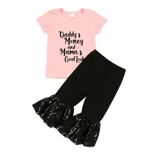 전체 판매 아기 옷 가을 긴 소매 가벼운 핑크 탑 블랙 짧은 우유 실크 아기 소녀 옷 세트