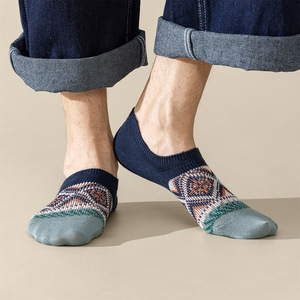 Men's Summer Thin Boat Socks Pure Cotton Retro Ethnic Style Non-slip Low-cut Short Socks Fair Isle Pattern Invisible Design - Product Image 4