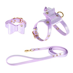 Minerva OEM/ODM cuero brillo Color pajarita brillante Piedra del Rin perro pequeño Multi ajustable mascota perro <span class=keywords><strong>Collar</strong></span> Correa arnés conjunto - Product Image 4