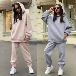 Pull-pantalon en peluche à capuche, deux pièces, européen et américain, tenue de sport décontractée pour femme, automne et hiver, nouvelle collection 2021