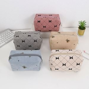 Large Capacity Custom <b>Cute</b> Bow Corduroy Cosmetic Bag Toiletry Storage Women Zipper Closure Makeup Bag - Product Image 3