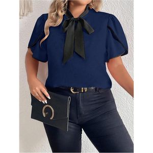 Chemisier pour femme grande taille bleu marine avec col à nœud papillon, manches à volants, en mousseline, élégant, décontracté, pour le bureau - Product Image 5
