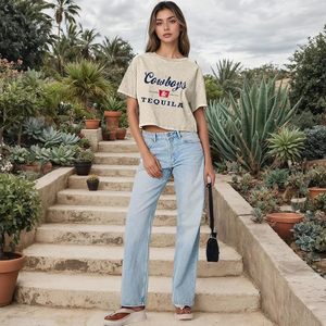 Camiseta Corta Estilo Vaquero Occidental FOXA para Mujer, Camisetas con Gráficos Vintage, Música Country, Rodeo, Lavado Ácido, Top de Jersey de Algodón - Product Image 5