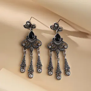 Women's Jewelry Wholesale Price Vintage Ethnic Style Hollow Leaf Gemstone Tassel Drop Earrings