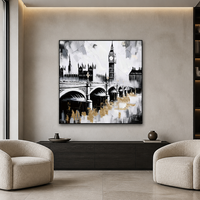Impression sur toile d'un paysage nordique abstrait avec pont, accents dorés, peintures murales noir et or pour la décoration de la maison