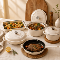 Batterie de cuisine en fonte émaillée de style moderne, 8 pièces, sortie d'usine, échantillons gratuits inclus, faitouts à fond plat pour la cuisson