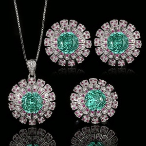 Fashion Jewelry Eco-friendly Copper <b>Silver</b> Plated 14-10mm Green Zircon Flower Necklace and <b>Earrings</b> 3 Piece Wedding Ring Set Tu - Product Image 1