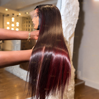 Perruque de cheveux humains lisses ombrés bordeaux 99J, Lace Front 13x4 pré-épilée, longue et soyeuse, en cheveux vierges brésiliens pour femmes, densité 180%