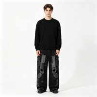 Jean cargo noir à jambe large, imprimé Kornit DTG Star Sky Wing, déchiré, avec patchs et bords effilochés, style streetwear en denim