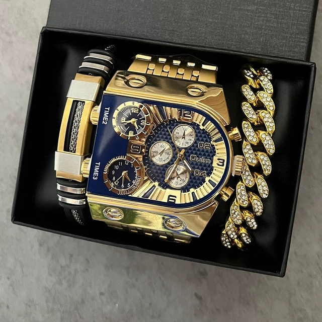 Watch & Gift Box Sets Oulm 9315 Man Quartz Wrist Watches Stainless Steel Luxury Gold Wristwatch With Bracelet Necklace for Men