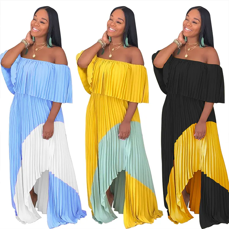 Summer Ruffle Off The Shoulder Ruched Dress Color Patchwork Irregular Pleated Dress Casual Women Chiffon Maxi Dresses