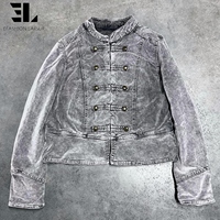 Veste Bomber en Jean Délavé Style Napoléon LARSUR, Coupe Slim, Col Montant, pour Moto, Veste Hussar en Jean Court