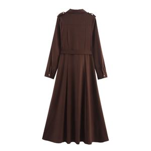 Vestido Maxi de Manga Larga Estilo Vintage, Tejido Natural Color Marrón, para Mujer, Cuello en V, Botones, Lazos, Servicio OEM - Product Image 2