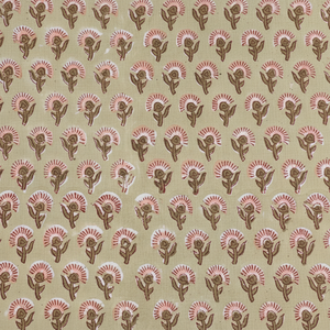 Light Moss Green Coral Pink Indian Floral Hand Block Printed 100% Pure Cotton Cloth Block Print Cotton <b>Fabric</b> India - Product Image 1