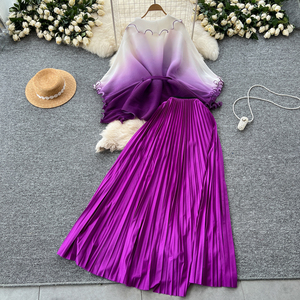 ชุด2ชิ้นแบบลำลองสำหรับผู้หญิงชุดกระโปรงจีบเอวสูงแบบไล่ระดับสีเสื้อผ้าสไตล์อเมริกันขายส่ง - Product Image 4