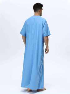 Men's Light Blue Cotton Thobe Round Neck Short Sleeve Floor Length Loose Fit Casual Daily Wear Middle Eastern Traditional Robe - Product Image 2