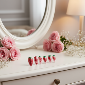 Uñas Postizas de Lujo Cortas Tipo Ataúd con Diseño Chic Aura Fresa - Product Image 2