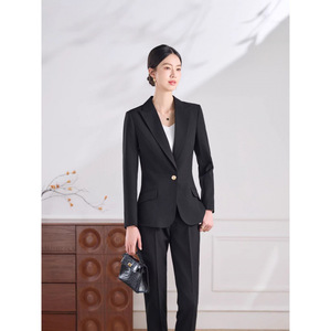 Women's Apricot <b>Blazer</b> And Trousers <b>Set</b> Full Sleeve Formal Anti-Wrinkle Suit For Commute Spring Autumn - Product Image 3