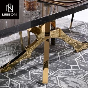 독특한 디자인 럭셔리 직사각형 블랙 대리석 탑 고광택 루트베이스와 6 의자 식탁 세트 - Product Image 3
