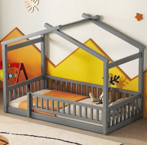 Letto a Casetta per Bambini, Letto a Terra con Ringhiere, Struttura in Legno Stile Montessori, Divertente Letto Gioco per Ragazze <span class=keywords><strong>e</strong></span> Ragazzi - Product Image 1