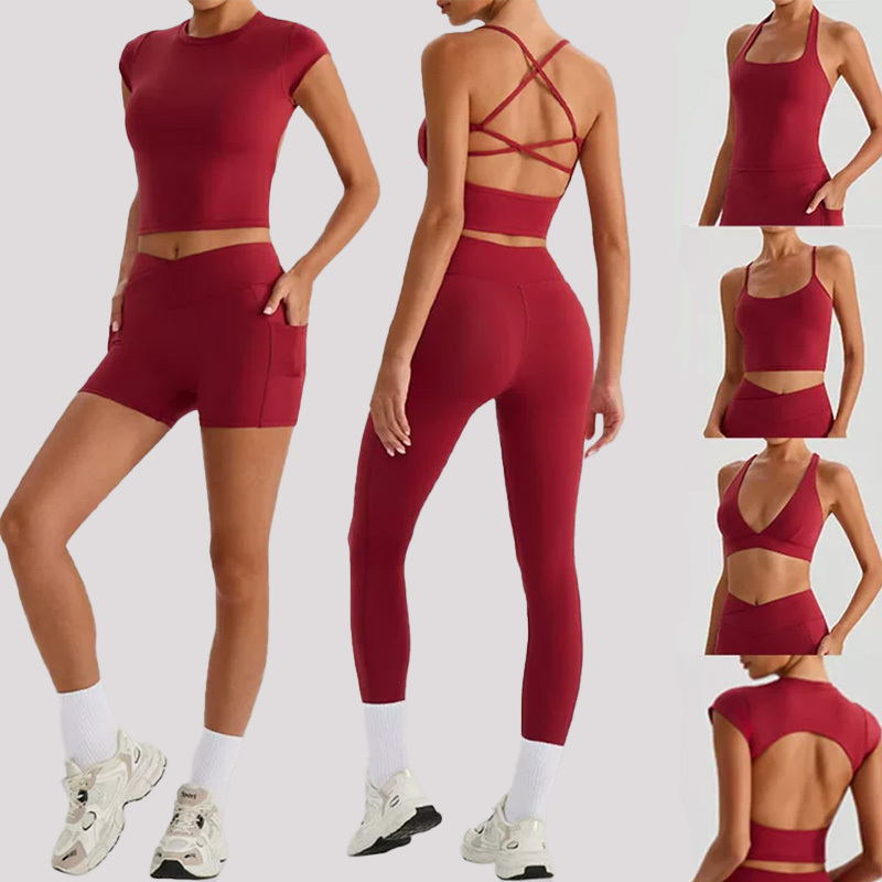 2025 Women's Yoga 6pcs Suit Fitness Quick Dry Bra Short-Sleeved Women Top High Wais Leggings Gym Shorts Sports Pants Set T-shirt