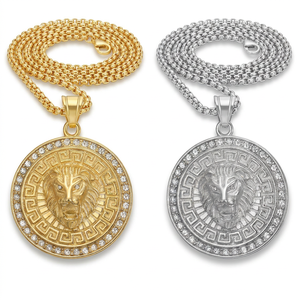 <span class=keywords><strong>Collana</strong></span> con Pendente a Testa di <span class=keywords><strong>Leone</strong></span> in Acciaio Inossidabile Dorato Personalizzabile, Gioielli Hip Hop con Medaglione Rotondo Ghiacciato per Uomo - Product Image 1