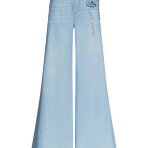 Pantalones Vaqueros Acampanados de Moda, Color Azul Claro Vintage, con Rosa 3D, Cintura Alta, Pedrería y Pierna Ancha, Venta al Por Mayor Directa de Fábrica - Product Image 2