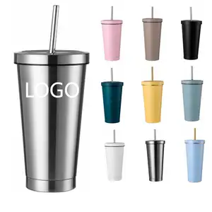 CUPPARK Reusable 500ml Double Wall Stainless Steel Vacuum Car Coffee Cup Tumbler With Metal Straw