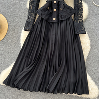 Robe midi plissée élégante de style français avec col à revers, dentelle et ceinture boutonnée pour femme – Collection Automne