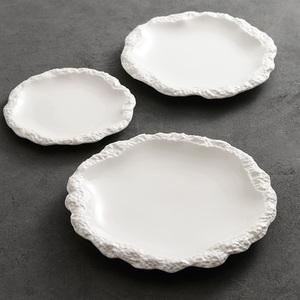 Plato de Cerámica Poco Profundo con Borde de Estilo Occidental, Diseño de Roca, para Servir Ensaladas y Frutas, para Hogar u Hotel, Bandeja Redonda Blanca - Product Image 5