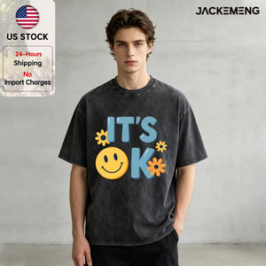 T-shirt en coton oversize délavé avec imprimé 'It's <span class=keywords><strong>Ok</strong></span>', style streetwear rétro, pour usage quotidien décontracté, vente en gros depuis l'entrepôt américain - Product Image 1