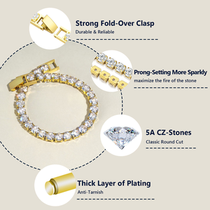Pulsera de Tenis de Acero Inoxidable Chapada en Oro de 18K, Estilo Vintage, con Doble Cierre de Seguridad y Diamantes Incrustados, Regalo Ideal - Product Image 3