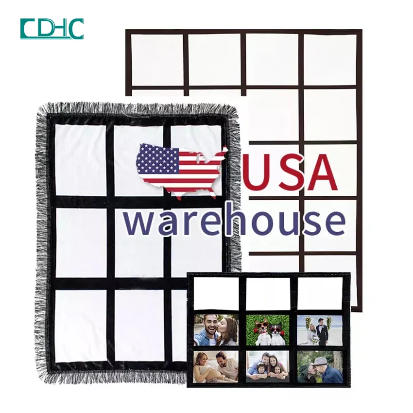 US Warehouse RTS Soft 100% Flannel 9 Panels Sublimation Blank Blanket Tassels DIY Custom Photo Heat Press Woven Throw Blanket