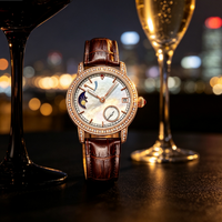 Montre mécanique automatique pour femme avec phases de lune, lunette sertie de diamants, bracelet en cuir, montre de luxe pour femme