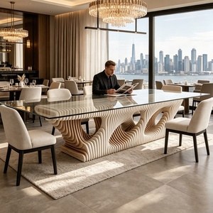 Modern Irregular <b>Resin</b> Dining <b>Table</b> With Tempered Glass <b>Top</b> Contemporary Design For 6 Seating Capacity Stable Home Furniture - Product Image 2