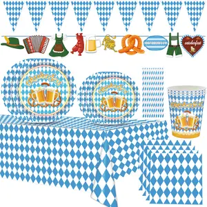 Spot Oktoberfest tema vasos de papel azul y blanco y platos de papel toallas de papel mantel juego de vajilla de fiesta