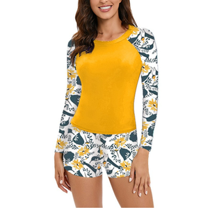 レディース水着<span class=keywords><strong>2</strong></span>ピースラッシュガードショーツ水着バックレスハイウエストビーチウェア花柄ラウンドネック長袖水着 - Product Image 1