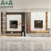 Meuble TV mural de luxe SLS avec foyer électrique, motif marbre, garniture en bois cannelé, unité de rangement TV moderne