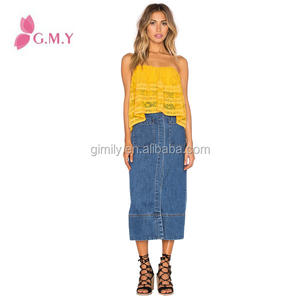 Ultimo disegno gonne lunghe gonne in denim elastico in vita apertura aperto forcella orlo OEM dei <span class=keywords><strong>jeans</strong></span> all'ingrosso - Product Image 4