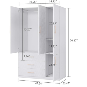 Modern Minimalist White MDF Bedroom Wardrobe <strong>Closet</strong> 4-Door with 3 Drawers for Home or Hotel Storage - Product Image 2