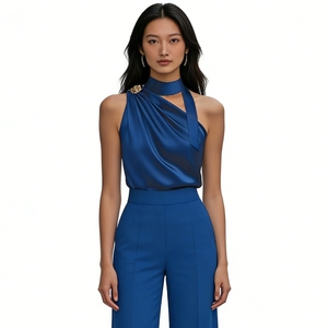 Women's Halter Neck Asymmetric <b>Top</b> Draped Sleeveless Blouse With Metal Buckle Shirt Fashion - Product Image 3