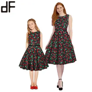 Polka Dot kiraz baskı çiçek akşam kıyafeti zarif kadın parti elbise eşleştirme kıyafetler için anne ve kızı elbiseler çocuklar için