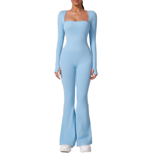 Combinaison moulante à col carré, manches longues, taille cintrée, pantalon évasé, sportive, une pièce, en spandex/nylon, pour femmes - Product Image 1