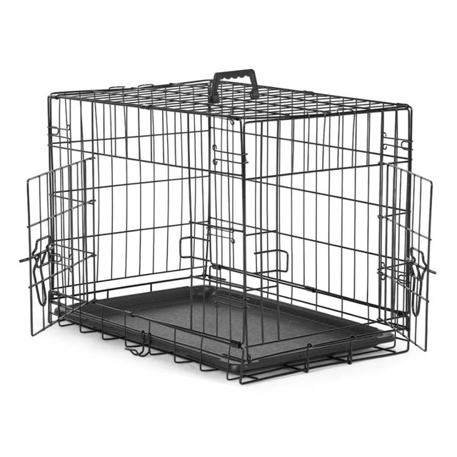 Double Door Folding Pet Dog Cage/ Crate Kennel with Plastic Leak-Proof Pan Tray Dog Folding Crate Deluxe Dog Crate 24-in Playpen