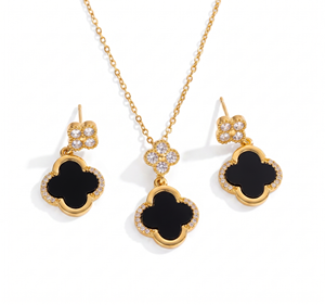 Ensemble de bijoux trèfle porte-bonheur classique noir et blanc avec chaîne en acier inoxydable - Product Image 1