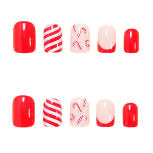 24 faux ongles à presser, nouveau modèle de Noël, motif canne à sucre rouge, style French Manucure, classiques à rayures rouges et blanches, festifs, vente en gros - Product Image 4