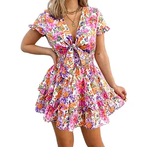 2023 Women Fashion Summer Swing Mini Dress Tie Front V Neck Short Sleeve Ruffle Layer Aline Short Smocked Plus Size Cute Sweet