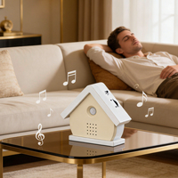 Machine à sons d'oiseaux en forme de maison avec capteur de mouvement PIR, lumière LED et synchronisation sonore rotative pour la maison, le patio et la décoration de camping