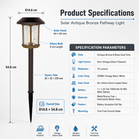 Lampe solaire extérieure pour allée de jardin, panneau 64x64mm, batterie AA 1.2V 1000mAh, 14LM, étanche, bronze, avec piquet