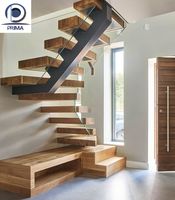 Escalier central préfabriqué sur mesure avec marches en bois modernes, poutre simple en acier, escalier flottant et garde-corps en verre pour hall de maison